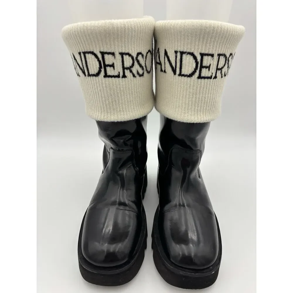 JW Anderson Logo Fisherman Boots Black Patent Leather White Sock Size 39 / 9